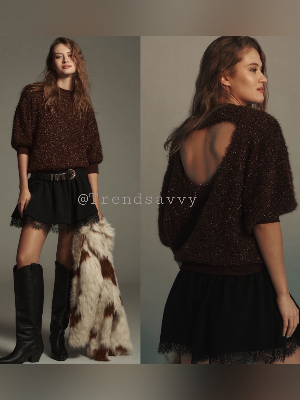 Anthropologie Maeve Violetta Brown Tinsel Open Back Sweater Date Night Holiday S